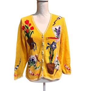 Vintage Susan Bristol Cardigan Sweater 1996 Paint Garden Motif Yellow Button Med